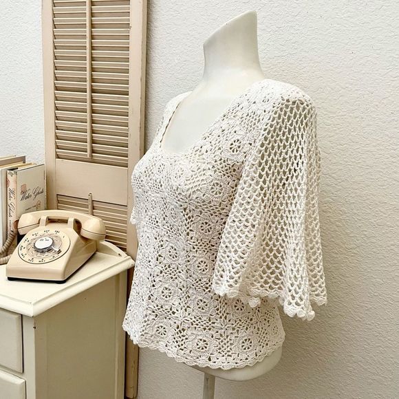 Vintage Ivory Cotton Crochet Angel Wing Bell Sleeve Top Sweater, Medium - Picture 2 of 7
